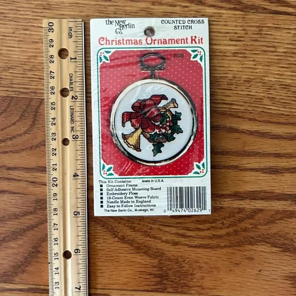 Vintage 80s christmas ornament cross stitch kit french horn, holly, ribbon diy